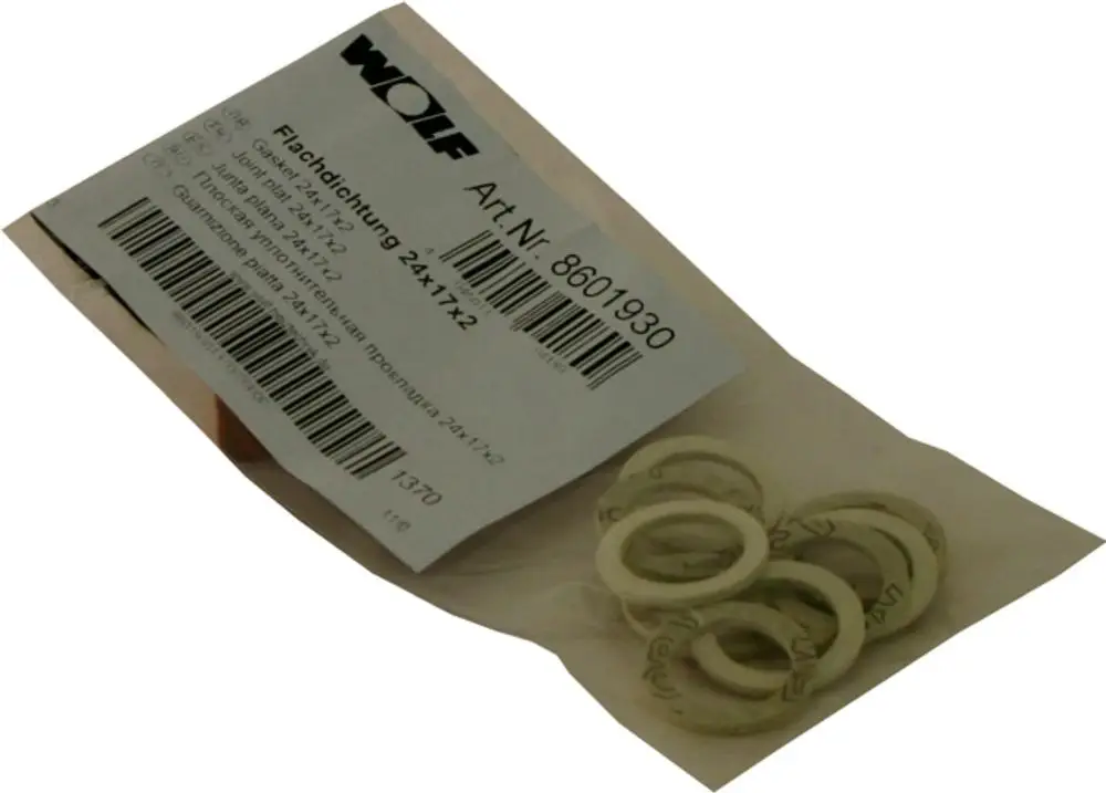 Wolf - Verpackung mit mehreren runden Dichtungsringen in unterschiedlichen Größen, abgebildet auf einem transparenten Beutel mit Artikelnummer und Barcode.
